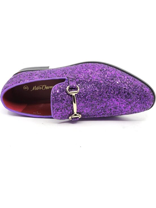Metrocharm Men\'s Purple Glitter Rubber Velvet Loafers Gold Buckle Slip On Shoes main image 6